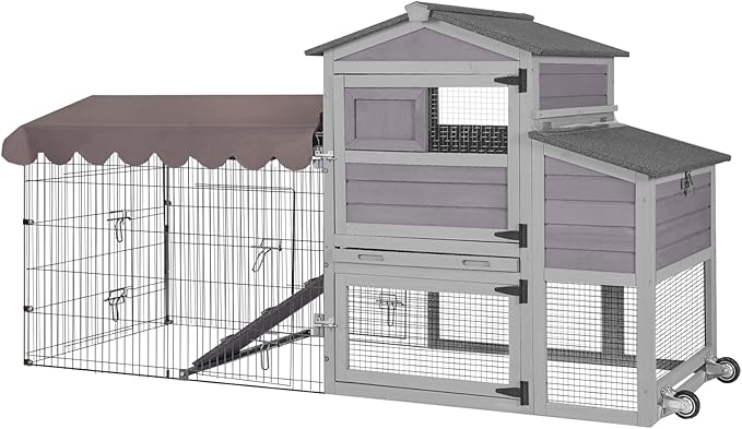 79" Mobile Chicken Coop with Nesting Box and Wheels, Outdoor Wooden Hen House for 2-4 Chickens, Large Poultry Cage with Metal Run, Waterproof Cover and 6 Access Doors