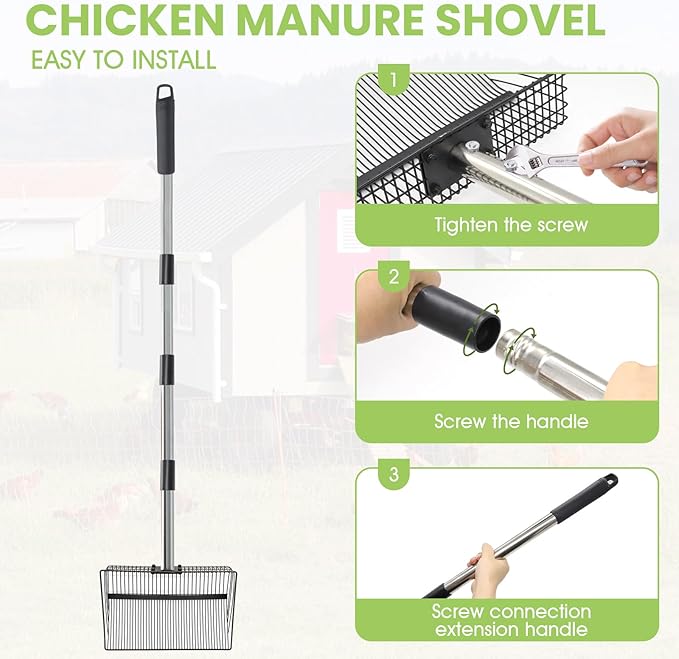 4-in-1 Chicken Poop Scooper & Rake, 15" Large Metal Sifting Shovel Poop Scooper for Sand, Adjustable Stainless Steel Handle 22"-65" for Coop Cleaning,Farms,Courtyards,Poultry Houses