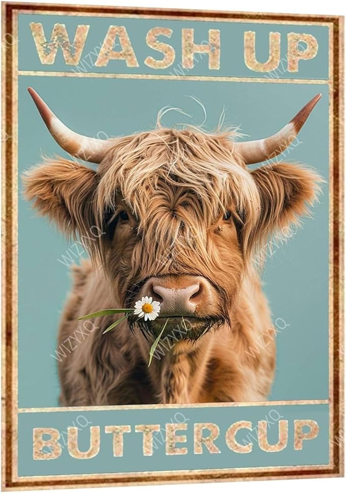 Metal Signs Wash Up Buttercup Highland Cow Vintage Tin Sign for Home Office Kitchen Bar Cafe Garden Bathroom Wall Decor 12x8 Inch