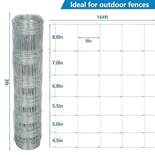 Farm Fence, 3ft X 164ft Wire Fence, Goat Cattle Deer Livestock Fence, Galvanized Woven Hog Wire Fencing,Fencing for Yard and Animals Protection
