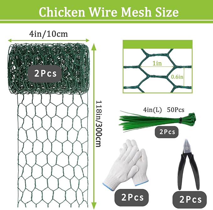 2Pcs Floral Chicken Wire for Floral Arrangements for Reinforce Chicken Wire Fencing 4 x 118 Inch Hexagonal Galvanized Mesh Fence Includes Gloves Ties & Cutter