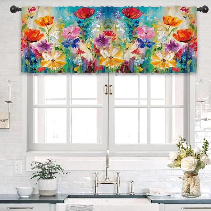 Colorful Flower Kitchen Curtain Valance 54W x 18L Inch Oil Painting Retro Vintage Wildflower Art Rod Pocket Short Cafe Small Window Treatment Drapes Decor