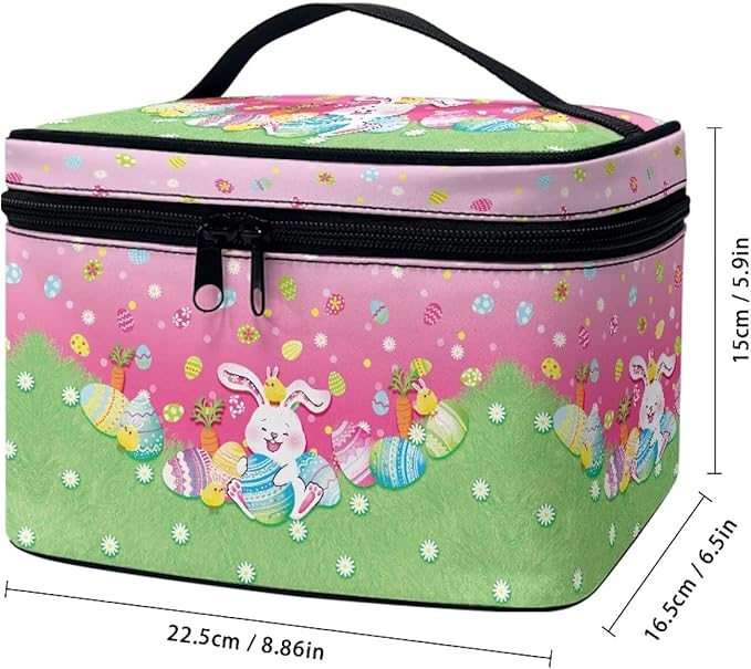 Rabbit Easter Egg Floral Grass Print Travel Makeup Bags for Women Portable Tote Cosmetic Case with Carry Handle Toiletry Accessories Storage Organizer Bags