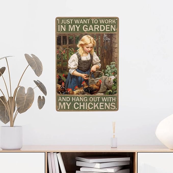 Jocasa Vintage Girl Metal Tin Sign - Chicken Sign For Chicken Coop, 12''X 8''