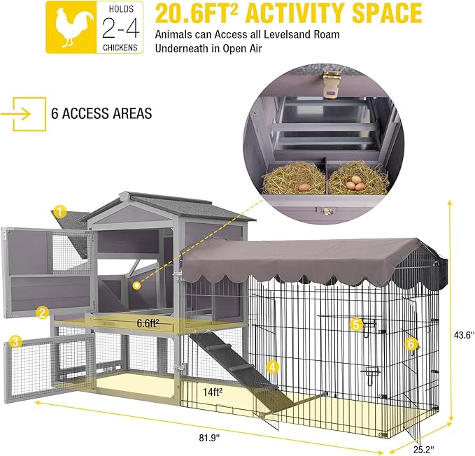 Aivituvin Mobile Chicken Coop Expandable Hen House with Two-Section Nesting Box,Predator-Resistant Locks, UV-Resistant Roof, 81.9" L x 28.9" W x 43.6" H, Grey