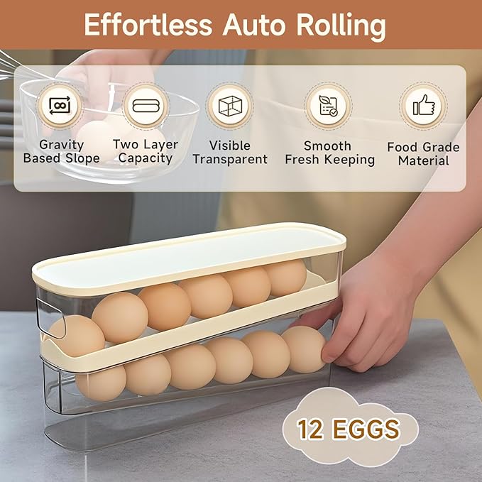 Rolling Egg Holder for Fridge, Egg Dispenser for Refrigerator, Automatic Rolling Storage Container for Countertop, Kitchen & Outdoor Use (3.35"x3.74"x11.02") 1 Pack