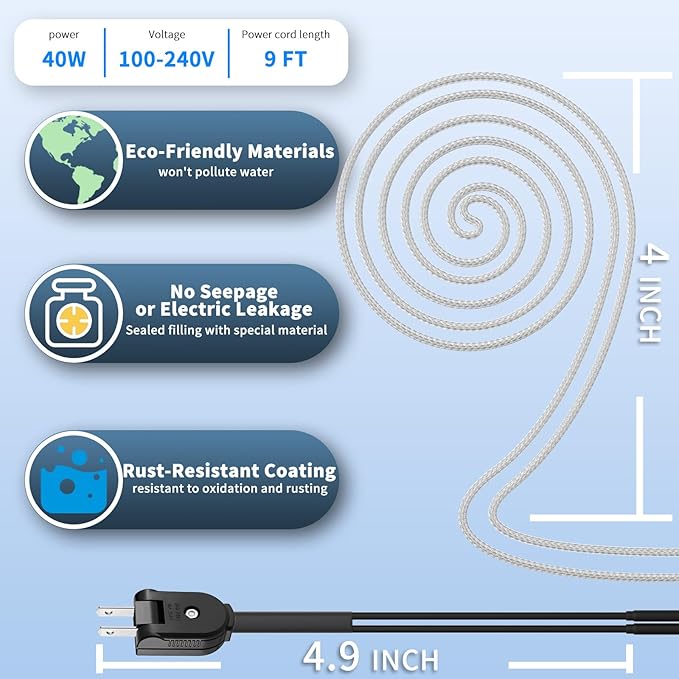 Chickens Water Heater Cord, 1-6 Gallons Heated Chicken Waterer for Winter, 9ft Freeze Proof Poultry Water Heater Cord, Prevents Water Freezing in Drinkers for Small Animals Rabbits, Ducks, Guinea Pigs