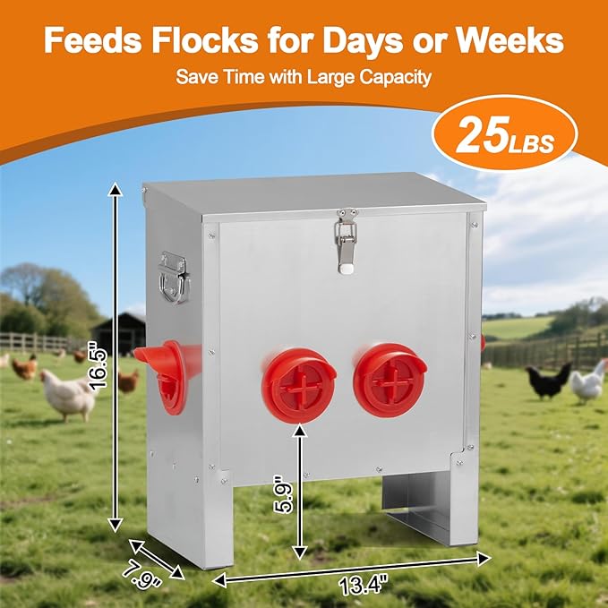 Automatic Chicken Feeder 25lbs Capacity, Galvanized Metal Poultry Feeding Equipment with 4 Ports, Rainproof & Rodent Proof Chicken Food Dispenser for Backyard Coop & Farm Use