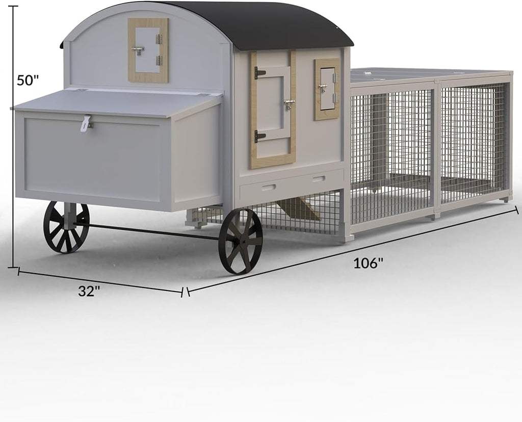 Wooden Poultry Cage for 3-5 Chickens, 106in Chicken Coop with Run, Outdoor Hen Coop with Waterproof Roof, Nesting Box, Pull Out Trays and Ramp, White