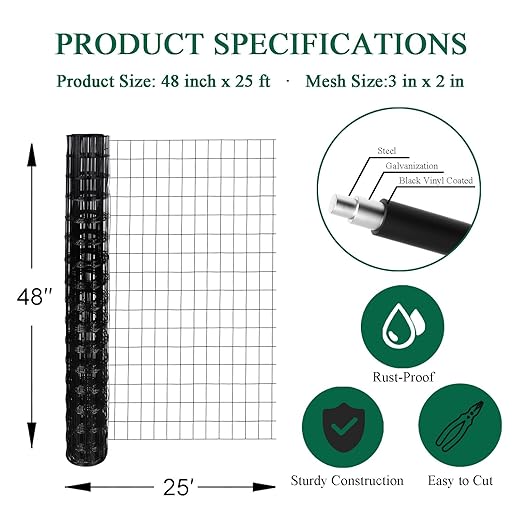 Black PVC Coated Welded Wire Fence 48 Inch x 25 Foot, 2 Inch x 3 Inch 16GA, Garden Border Fencing Roll Vinyl Coating Metal Wire Mesh for Yard Vegetable Plant Protection Poultry Netting