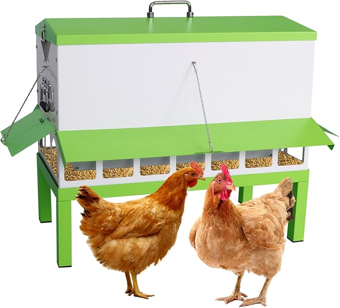 Metal Chicken Feeder 80lbs No Waste Automatic Chicken Feeder Galvanized Large Capacity Poultry Equipment with Latch and Handle Weatherproof Rat Proof for Chickens and Other Birds Outdoor Coop