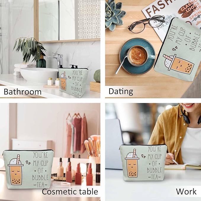 Bubble Milk Tea Cosmetic Bags For Women, Funny Quote Makeup Bag Toiletry Bag Accessories Organizer Storage Bags Makeup Pouch For Travel Business Gym Bathroom You're My Cup Of Bubble Tea