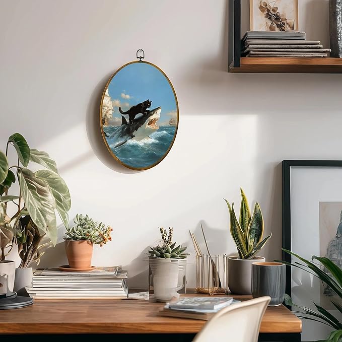 zewepri Cat Biting Shark Painting – 8.6×11.4 inches, high-density canvas, funny wall art, with pre-installed hook for easy hanging, ideal for bedroom, living room, study, and a gift for art lovers.
