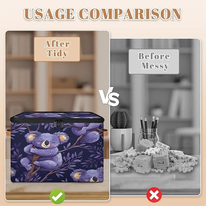 Storage Cubes with Lid Fabric Storage Bins Boxes PU Leather Handles, Cute Koalas Closet Organizer Container Foldable Washable Shelf Cloth Basket, Cartoon Koala