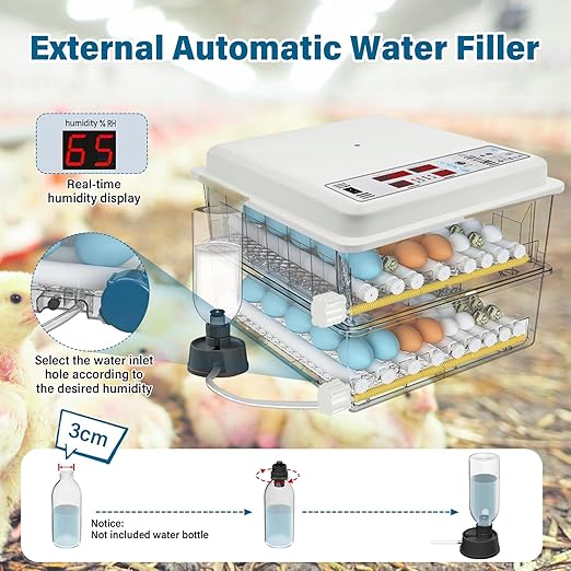 120 Egg Incubator Automatic Turning LED Display Temperature Humidity Control Built-in Candler External Water Fill Duals Power 110V/12V for Hatching Chicken Duck Quail Goose Eggs