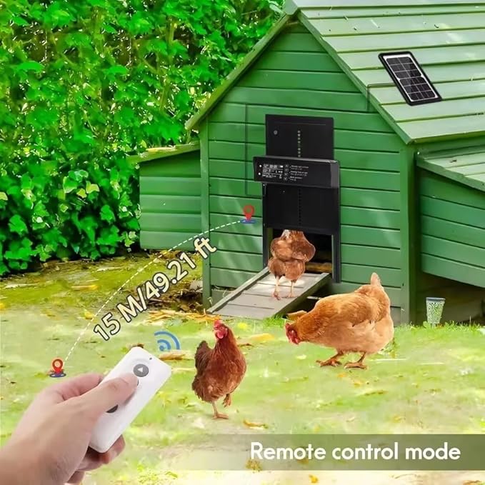 BeyondFeed™ Solar Automatic Chicken Coop Door with LCD Screen – 4 Control Modes (Light Sensor/Timer/Remote/Button), AI Anti-Pinch, Waterproof, Easy Install