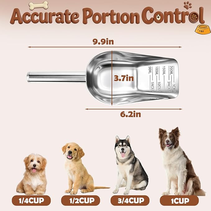 BABORUI Dog Food Scoop Stainless Steel with 1, 3/4, 1/2, 1/4 Cup Measurement, Pet Food Measuring Scoop for Dry and Wet Pet Food, Daily Metal Precision Feeding Tool for Dogs Cats