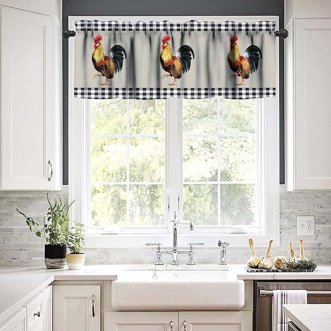 Rooster Kitchen Curtains Watercolor Vintage Rustic Farm Chicken Black White Buffalo Plaid Rod Pocket Curtain Valance for Kitchen Bedroom Living Room Decor 1 Panel W54xL18 Inch