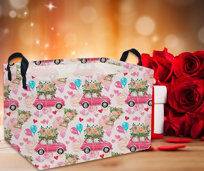 Rectangular Valentine's Day Baskets,Heart Basket,Pink Girls Basket Kids Storage Bin Love Room Decor for Home.(Flower car)
