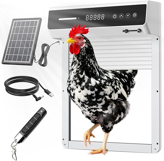 Automatic Chicken Coop Door Solar, Battery Powered & Weatherproof Aluminum, Timer Modes for Safe and Convenient Chicken, Easy Install, Reliable All-Season Performance (White+Black)