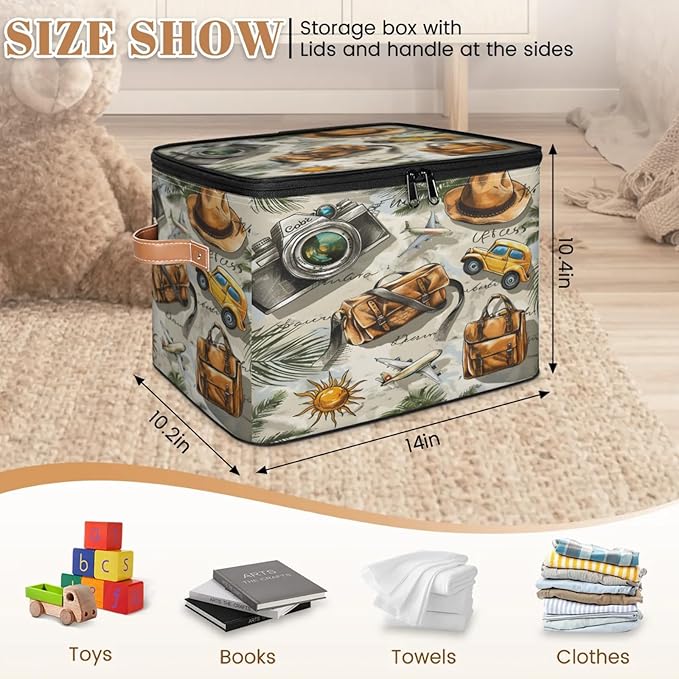 Storage Cubes with Lid Fabric Storage Bins Boxes PU Leather Handles, Cars Travel Closet Organizer Container Foldable Washable Shelf Cloth Basket, Tropical Palm Leaves