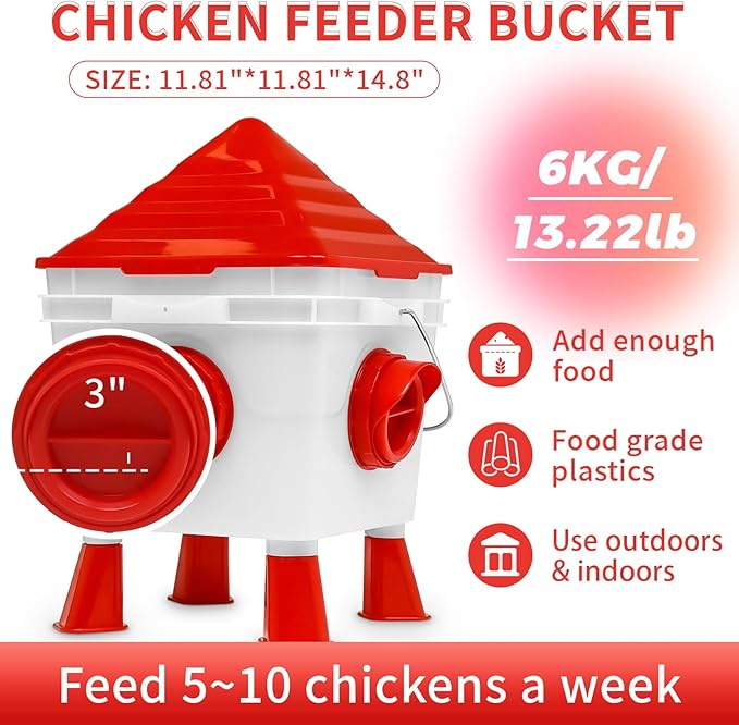 Chicken Feeder and Waterer Set, 13 lb No Waste Automatic Chicken Feeder Bucket & 2 Gallon Gravity Chicken Waterer, Poultry Feeder Kit with Vegetable Hanging Net, Chicken Coop Accessories for Hens