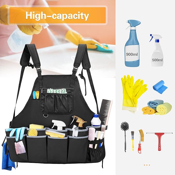 Large Cleaning Apron with Dual Shoulder Straps, House Cleaning Apron with Multiple Pockets for Housekeeping Work Supplies, Water-resistant Cleaning Caddy Apron for Women & Men (Apron Only)