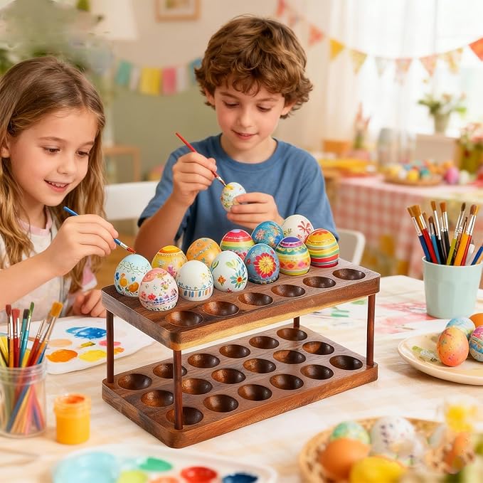 Acacia Wood Egg Holder for 36 Eggs, Rustic Countertop and Refrigerator Storage Tray, Farmhouse Kitchen Organizer with 1.5" Holes, Easy Clean Deviled Plates for Easter Decor,11.5" x 5.75" (2)