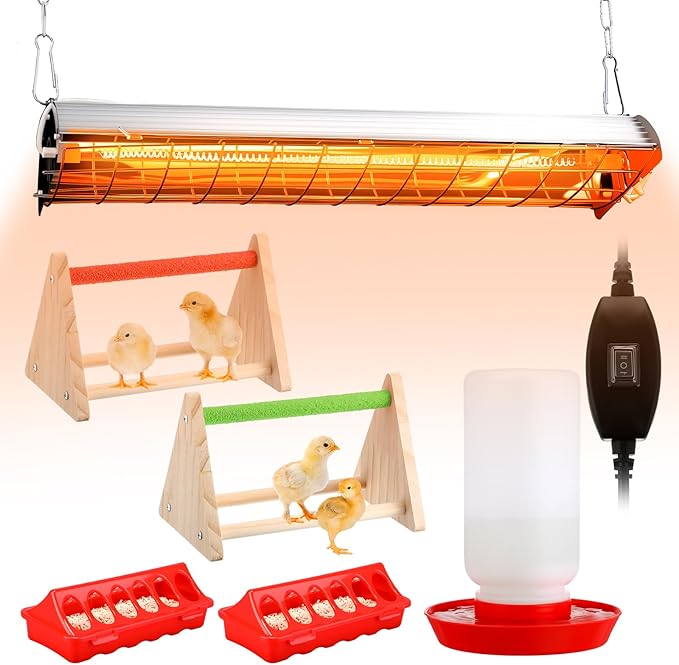 Retisee 400w Large Hanging Chicken Coop Heater Lamp Carbon Fiber Chicks Brooder Heater 5pcs Chick Feeder and Waterer Kit with Wooden Perch for Poultry Chicks Ducks Quail Pigeons Birds