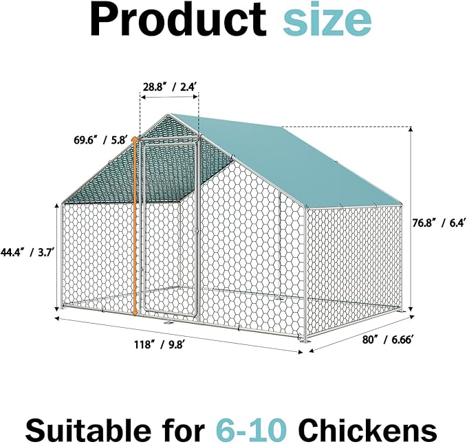 Vipbear Large Metal Chicken Coop Run with Immersed Wire Mesh, Chicken Coop for 4 Chickens Heavy Duty Chicken Run in for Yard with Waterproof Cover and Secure Lock,80'' L x 118''W x 77''H
