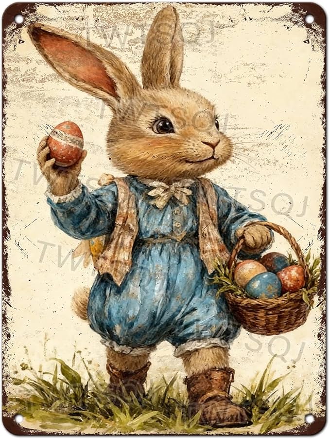 YoyaVex Bunny Metal Sign Vintage Easter Design With Decorative Eggs Rustic Wall Decor For Indoor Outdoor Use In Home Garden 12X16Inch