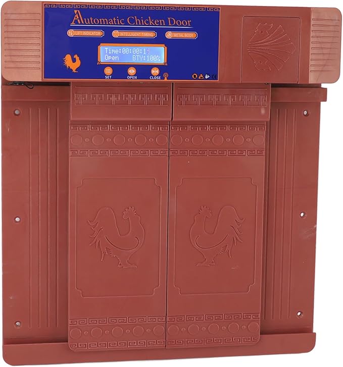 Automatic Chicken Coop Door Opener, Intelligent Double Open with Timer LED Display Solar Powered, with Anti Pinch Function, for Chickens Ducks Geese Poultry (Bronze)