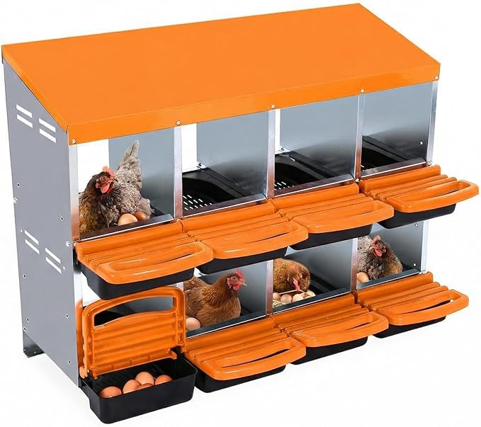 Chicken Nesting Box, 8 Compartments Metal Roll Away Nest Box for Chicken Coop, Heavy-Duty Eggs Laying Boxes with Removable Lid for Easy Egg Collection, Easy Cleaning, Orange