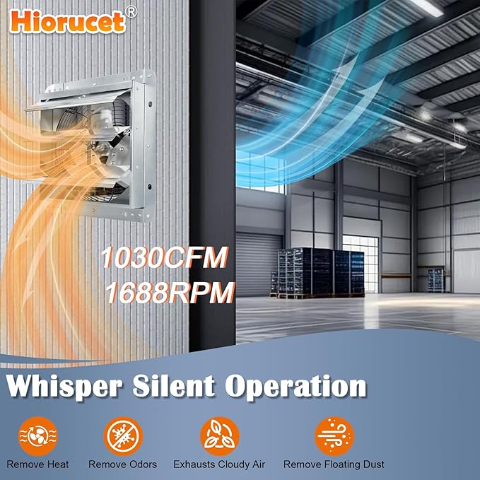 Hiorucet 12 Inch Shutter Exhaust Fan Wall Mounted for Garage, Greenhouse, Shop, Attics, Chicken Coop, Shed, Basement, 1030CFM 1688RPM Low Noise Louvered Exhaust Fan with 1.8 Meters Power Cord 2 Pack.