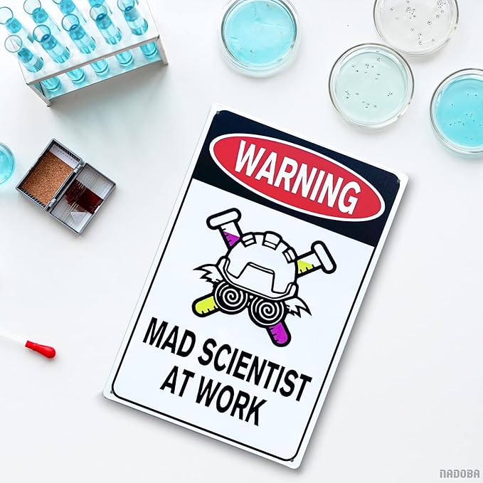 Mad Scientist Wall Decor Science Poster - 8x12" Mad Scientist At Work Warning Sign Science Gifts Mad Scientist Decor Chemistry Poster Wall Art Decor Metal Tin Sign - Aluminum Sign Science Posters