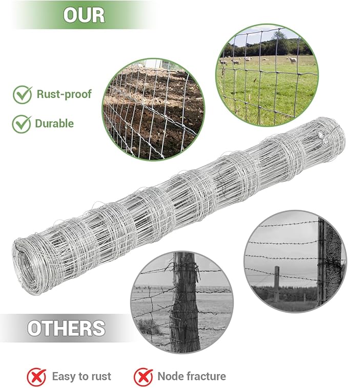 9GA Cattle Farm Fence, 4 ft x 164 ft Galvanized Goat Deer Fence, Heavy Zinc Coating Hog Wire Fencing for Farm Livestock Animals Protection (4 ft x 164 ft)