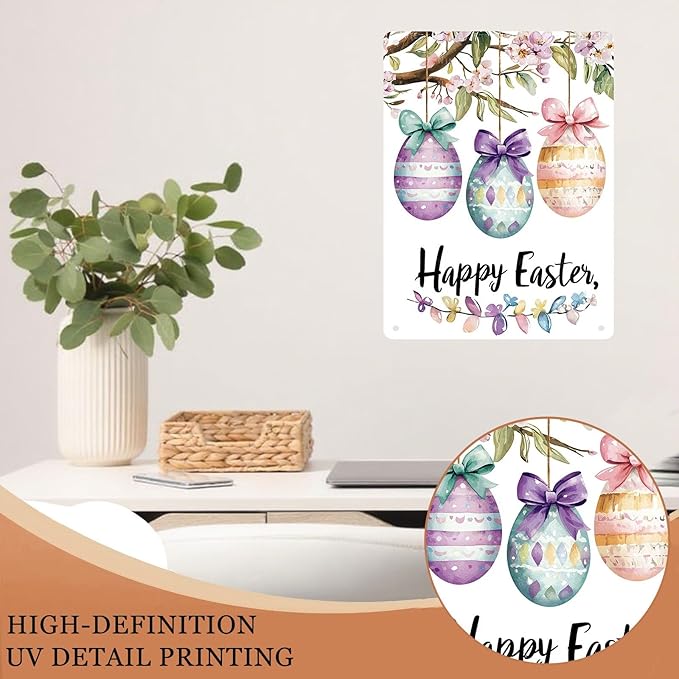 Easter Tin Sign Egg Decor Country Decorations for Home, Office Garage Kitchen Living Room Easter Wall Art 12X16Inch