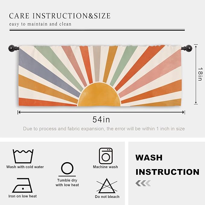 Miyotaa Sun Pastel Kitchen Curtain Valance 54W x 18H Rod Pocket Vintage Retro Colorful 70s Sunrise Sunset Window Treatment for Living Room Bedroom Bathroom Party