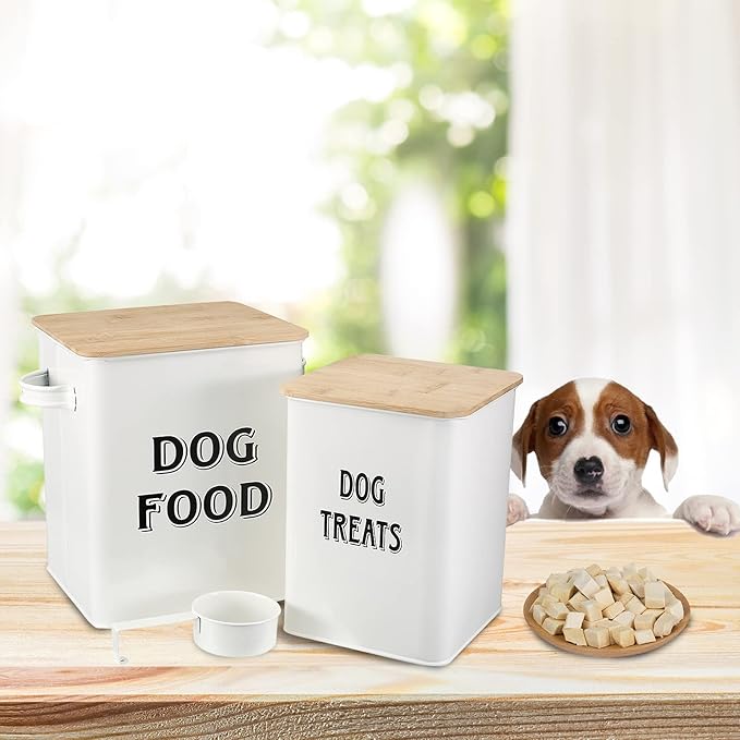 Dog Food Storage Container Farmhouse Pet Food Treats Bin with Lid and Scoop, Perfect Sturdy Canister Tins for Kitchen Countertop, Shelf, Great Gift for Pet Owners - Dog Food
