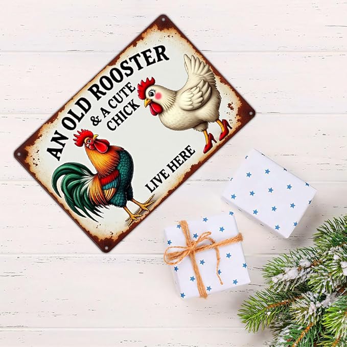 FunnySign Chicken Gifts Rooster Décor An Old Rooster & A Cute Chick Live Here Rustic Tin Sign For Home Farm Chicken Coop Decor 8x12 Inch (9713)