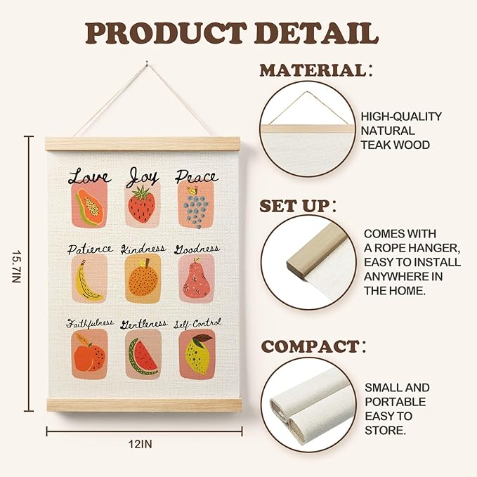 AQYIP Fruit of the Spirit Christian Wall Art Christian Kitchen Decor, Trendy Retro Fruit Bible Verse Poster Canvas Prints for Kitchen Dining Room Home Wall Decoration, 12x16 Inch
