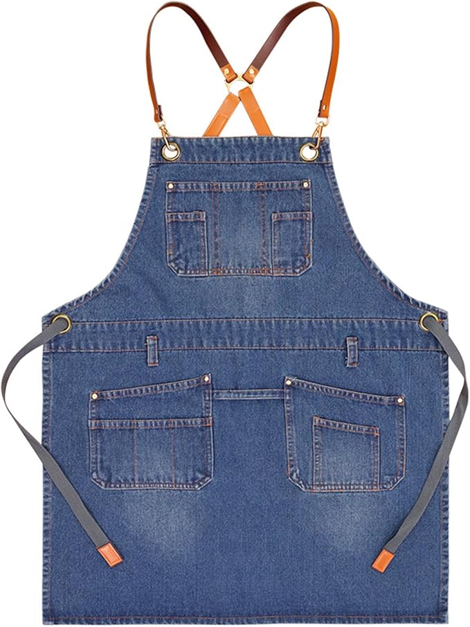Denim Work Apron Adjustable Cross Back Gardening Aprons Multiple Pockets Men Women Restaurants, Cafes, BBQ