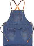 Denim Work Apron Adjustable Cross Back Gardening Aprons Multiple Pockets Men Women Restaurants, Cafes, BBQ