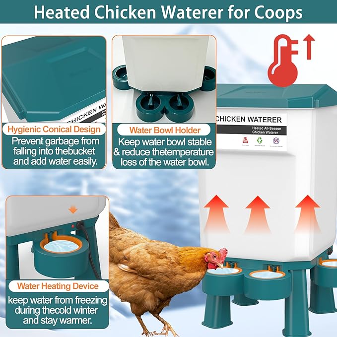 Hanging Heated Chicken Waterer, 3 Gallon Plastic Chicken Water Heater Heated Poultry Drinker, Detachable Legs, Winter and Summer Dual-use, Poultry Water Heater for Chicken Goose Duck - Dark Blue
