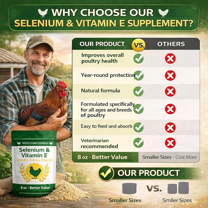 8 oz (227 g) Selenium & Vitamin E Powder for Chickens, Selenium Supplement for Chickens, Supports Immune & Muscle Health, Suitable for All Poultry