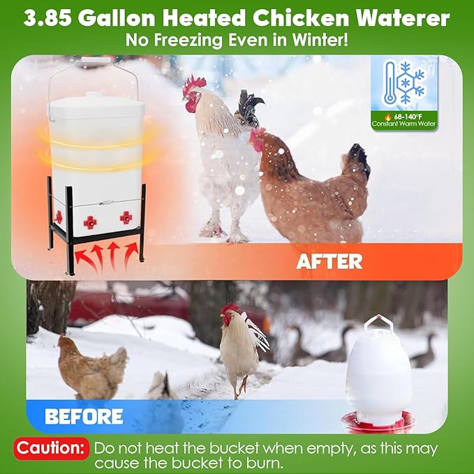Chicken Water Heater 3.8 Gallon with 4 Nipples and Adjustable Height, 2-in-1 Freeze-Proof Heated Chickens Waterer Anti-Tipping for Turkey Ducks Geese Poultry in Winter Coops