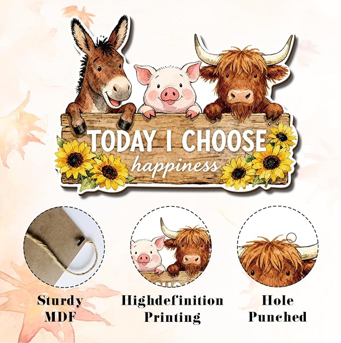 Farmhouse Decor Inspirational Wall Art, Animal-shaped wooden Decor, Today I Choose Happiness Hanging Plaque for Country Home, Suitable for Front Doors, Porches, And Rural Houses 11.8x8 Inches