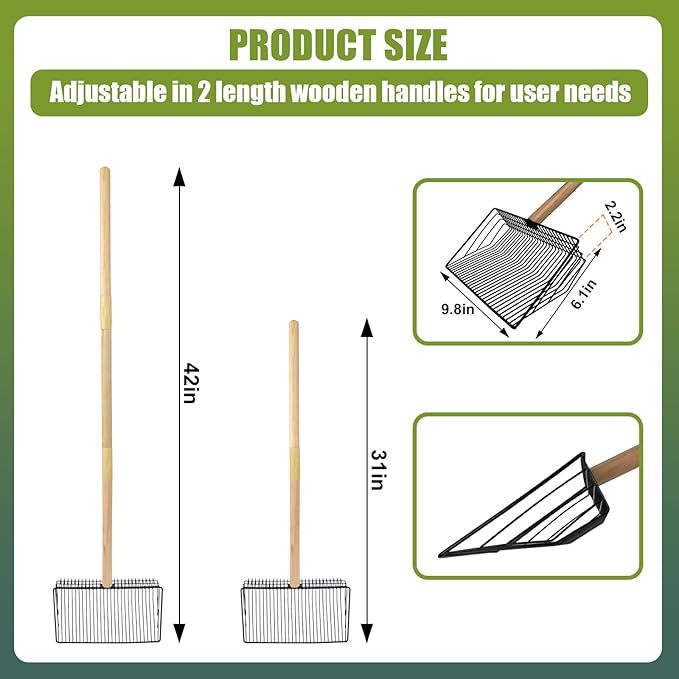 succulentlovers 2 Pack Chicken Poop Scooper & Chicken Coop Rake, Large Metal Chicken Scoop 3 in 1 Sifting Shovel Wooden Handle, Detachable Chicken Coop Cleaning Tools for Chicken Coop Accessories