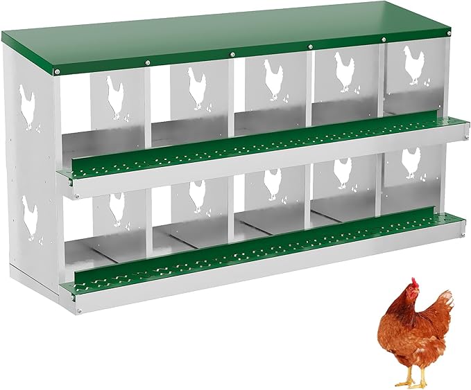 Heavy Duty Galvanized Metal Chicken Nesting Box - Rustproof Egg Laying Box for Hens with Slanted Roof, Rollout Design - Wall Mount or Freestanding Poultry Nest for Chicken Coop (10-Hole)