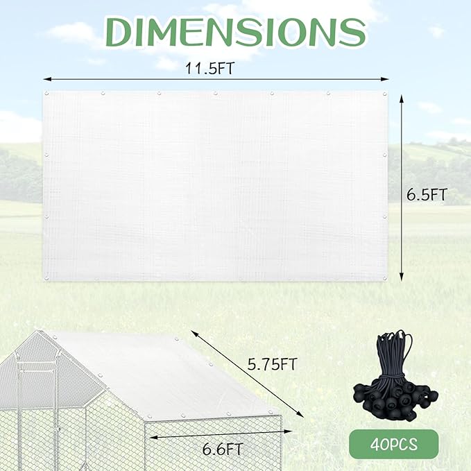 2 PCS Outdoor Chicken Coop Cover with 40 Piece Ball Bungee Cord ，Waterproof and Sunproof Enclosure Chicken Coop Tarp for Outdoor Large Walk-in Pens (only Cover,White, 11.5 x 6.5 ft)
